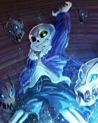 Rule 34 | 1boy, arm up, dark background, freeze-ex, fur trim, glowing, glowing eye, gradient background, grin, hand in pocket, hands in pockets, hood, hoodie, male focus, monster boy, outstretched arm, purple background, sans (undertale), shatter, shirt, shorts, simple background, skeleton, skull, smile, solo, spoilers, undertale, white shirt