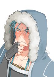 Rule 34 | 1boy, absurdres, angry, bad id, bad twitter id, blue hair, blush, bracelet, closed mouth, collarbone, cu chulainn (caster) (fate), cu chulainn (fate), cu chulainn (fate/stay night), fate/grand order, fate (series), frown, fur-trimmed hood, fur trim, hand on own chin, highres, hood, hood up, ima yonderu, jewelry, long hair, male focus, red eyes, simple background, solo, stroking own chin, sweat, type-moon, white background