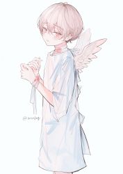 Rule 34 | 1boy, absurdres, angel, angel wings, bandages, blood, blush, bound, bound wrists, highres, hospital gown, looking at viewer, male focus, mio (niufog), niufog, original, parted lips, pink eyes, pink hair, short hair, short sleeves, solo, wings
