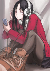 Rule 34 | 1girl, black hair, boots, face, foreshortening, headphones, highres, long hair, on floor, original, panties, panties under pantyhose, pantyhose, pantyshot, pink eyes, see-through, shoes, sitting, solo, tea (nakenashi), underwear, winter clothes