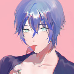Rule 34 | 10s, 1boy, blue eyes, blue hair, close-up, collarbone, condom, condom in mouth, highres, looking at viewer, male focus, matching hair/eyes, mikazuki munechika, mouth hold, pale skin, pink background, ringed eyes, simple background, solo, touken ranbu, yangzhi shi