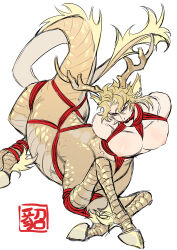 Rule 34 | 1boy, absurdres, animal ears, antlers, bdsm, black lips, blonde hair, bondage, bound, centauroid, completely nude, dio brando, ear piercing, fangs, full body, fur-tipped tail, highres, hooves, horns, huang lia, jojo no kimyou na bouken, large pectorals, looking at viewer, male focus, medium hair, monster boy, monsterification, muscular, muscular male, nipples, nude, open mouth, pectorals, piercing, puffy chest, qilin (mythology), scales, shibari, sitting, solo, tail, taur, white background, yellow eyes, yellow scales