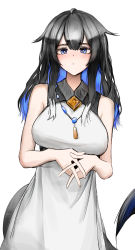 Rule 34 | 1girl, absurdres, alternate hair length, alternate hairstyle, arknights, bare arms, bare shoulders, black hair, blue eyes, blue hair, blush, breasts, bright pupils, closed mouth, cowboy shot, dress, highres, jewelry, kjera (arknights), large breasts, long hair, necklace, own hands together, sidelocks, simple background, sleeveless, sleeveless dress, solo, tail, wawamachi (wawamachis), white background, white dress