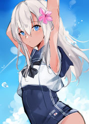 Rule 34 | 1girl, absurdres, arm up, armpits, bad id, bad pixiv id, black neckwear, black sailor collar, black one-piece swimsuit, blonde hair, blue eyes, blue sky, cloud, cowboy shot, crop top, day, flower, hair flower, hair ornament, highres, kantai collection, miyasaka miyabi, one-piece swimsuit, one-piece tan, ro-500 (kancolle), sailor collar, school swimsuit, shirt, sky, sleeveless, sleeveless shirt, solo, swimsuit, swimsuit under clothes, tan, tanline