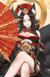 Rule 34 | 1girl, ;d, animal ear fluff, animal ears, azur lane, bare shoulders, black hair, black kimono, breasts, cleavage, close-up, crossed legs, detached collar, dishwasher1910, ear piercing, forehead, fox ears, fox girl, fox tail, hand fan, headdress, highres, japanese clothes, kikumon, kimono, kitsune, kyuubi, large breasts, long hair, looking at viewer, mole, mole under eye, multiple tails, musashi (dishwasher1910), obi, off shoulder, one eye closed, open mouth, original, piercing, sash, sitting, smile, solo, tail, thighs, yellow eyes