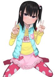 Rule 34 | 1girl, alexa mahone, backpack, bag, black hair, double v, frilled skirt, frilled sleeves, frills, highres, long sleeves, looking at viewer, medium hair, one side up, original, patterned clothing, pink thighhighs, shirt, simple background, sitting, skirt, solo, thighhighs, v, vest, white thighhighs, white vest, yellow shirt