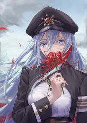 Rule 34 | 1girl, 86 -eightysix-, armband, black jacket, covered mouth, cropped jacket, floating hair, flower, grey eyes, hair between eyes, hat, highres, holding, holding flower, ito t20a, jacket, long hair, looking at viewer, military, military hat, military uniform, multicolored hair, red flower, red hair, shirt, silver hair, simple background, solo, spider lily, streaked hair, two-tone hair, uniform, upper body, vladilena millize, white shirt, wind