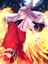 Rule 34 | 1girl, absurdres, bow, closed mouth, collared shirt, commentary, fire, foot out of frame, forest, fujiwara no mokou, hair bow, highres, long hair, looking at viewer, moon, nature, night, nyanaya, pants, pyrokinesis, red bow, red eyes, red footwear, red pants, shirt, shoes, smile, solo, suspenders, torn clothes, torn sleeves, touhou, two-tone bow, white bow, white hair, white shirt, wing collar