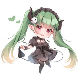 Rule 34 | 1girl, anzu 1026, black dress, blonde hair, breasts, chibi, cleavage cutout, clothing cutout, demon tail, dress, emma ako, floating, frilled hairband, frills, full body, gradient hair, green hair, hair ornament, hairband, heart, highres, horns, indie virtual youtuber, long hair, looking at viewer, medium breasts, multicolored hair, open mouth, pink eyes, pointy ears, simple background, skull hair ornament, solo, tail, thighhighs, twintails, two-tone hair, virtual youtuber, white background