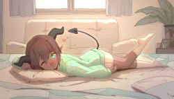 Rule 34 | 1girl, aqua cardigan, aqua eyes, arm up, bed, bedroom, black horns, blush, bob cut, brown hair, cardigan, choco (rune (dualhart)), couch, curtains, dark-skinned female, dark skin, day, demon girl, demon tail, drawing (object), female focus, foot up, hair intakes, happy, heart, highres, horns, indoors, light blush, long sleeves, looking at viewer, lying, miniskirt, on bed, on stomach, one eye closed, open mouth, original, pencil skirt, picture frame, pillow, plant, pointy ears, potted plant, rune (dualhart), short hair, sidelocks, skirt, smile, socks, solo, tail, white skirt, white socks, window