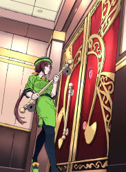 Rule 34 | 1girl, black pantyhose, blue eyes, blurry, breasts, broken, brown hair, buttons, ceiling light, collared shirt, commentary, depth of field, door, door handle, double-breasted, foot out of frame, green footwear, green hat, green jacket, green skirt, hat, hayakawa tazuna, highres, indoors, jacket, long hair, medium breasts, miniskirt, nobita (makoto7060355), pale skin, pantyhose, parted lips, shirt, shoes, skirt, solo, standing, twintails, umamusume, white shirt, wing collar, yellow neckwear