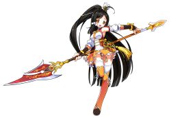 Rule 34 | 1girl, :d, absurdres, ahoge, ara haan, black hair, detached sleeves, elsword, eyeshadow, fox hair ornament, full body, hair ornament, hair stick, half updo, highres, holding, holding polearm, holding spear, holding weapon, little xia (elsword), long hair, looking at viewer, makeup, official art, open mouth, orange eyes, orange skirt, orange thighhighs, polearm, ponytail, sando (dukedevil), skirt, smile, solo, spear, standing, standing on one leg, tassel, thighhighs, transparent background, weapon, zettai ryouiki