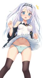 Rule 34 | 1girl, bad id, bad pixiv id, black skirt, black sleeves, black thighhighs, blue eyes, blue panties, blush, bow, bow panties, embarrassed, gluteal fold, hairband, highres, legs apart, long hair, miniskirt, navel, open mouth, original, panties, shirt, silver hair, simple background, skirt, solo, stomach, surprised, thighhighs, thighs, toeri (rococo), two side up, underwear, white background, white shirt, wind, wind lift
