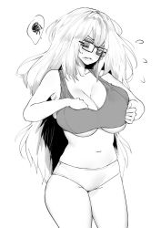 Rule 34 | 1girl, braces, breasts, breasts squeezed together, cleavage, commentary, commission, dressing, english commentary, freckles, glasses, greyscale, highres, huge breasts, inconvenient breasts, long hair, messy hair, monochrome, navel, norman maggot, original, panties, solo, spoken squiggle, sports bra, squiggle, standing, underboob, underwear, underwear only