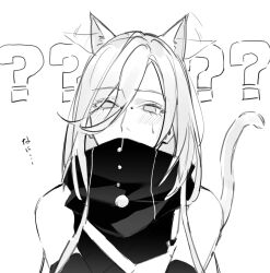 Rule 34 | 1girl, ?, ??, afterimage, animal ears, bare shoulders, blush, bridge piercing, cat ears, cat girl, cat tail, commentary request, greyscale, high collar, highres, kemonomimi mode, looking at viewer, monochrome, nose piercing, nox (path to nowhere), path to nowhere, piercing, solo, sweat, tail, toho10min, upper body