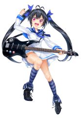 Rule 34 | 1girl, ahoge, arm up, bass guitar, black hair, blue bow, blue ribbon, blue sailor collar, bow, breasts, dress, hakobe naru, highres, holding, holding bass guitar, holding instrument, instrument, irodorimidori, kneehighs, leg up, long hair, long sleeves, looking at viewer, medium breasts, official art, open mouth, plectrum, red eyes, ribbon, sailor collar, sailor dress, smile, socks, solo, striped clothes, striped socks, transparent background, twintails, v-shaped eyebrows, very long hair