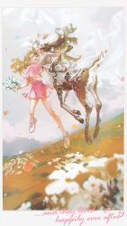 Rule 34 | 2girls, :o, animal ears, blonde hair, blonney, breasts, brown hair, carrying, carrying person, centauroid, closed eyes, cloud, deer ears, deer girl, deer tail, english text, floating hair, flower, full body, grass, highres, holding, holding flower, jessica (reverse:1999), jewelry, jm / 44, jumping, long hair, looking at another, medium breasts, midriff, miniskirt, mold, multiple girls, necklace, outstretched arm, pink shirt, pink skirt, purple eyes, reverse:1999, shirt, shirt overhang, shoes, skirt, sky, smile, sneakers, t-shirt, tail, taur, white flower, white footwear, white shirt, white sky, white veil, yuri