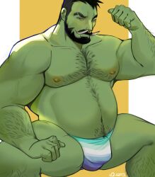 Rule 34 | 1boy, absurdres, arm hair, bara, beard, belly, bulge, chest hair, colored skin, come hither, curled tusks, facial hair, final fantasy, final fantasy xiv, gay male pride flag, green skin, hairy, half-closed eyes, highres, large pectorals, leg hair, lgbt pride, long tusks, looking at viewer, male focus, male underwear, mature male, monster boy, muscular, muscular male, navel, navel hair, nipples, nose piercing, nose ring, original, pectorals, piercing, print male underwear, quietscrappy, roegadyn, sanpaku, seductive smile, short hair, smile, solo, stomach, strongman waist, thick eyebrows, thick thighs, thighs, tusks, underwear, warrior of light (ff14)