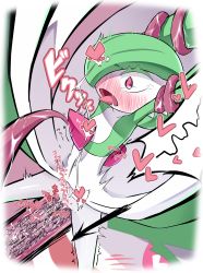 Rule 34 | 1girl, absurdres, arms up, blush, bob cut, border, collarbone, colored skin, constricted pupils, creatures (company), drooling, female focus, flat chest, full-face blush, game freak, gardevoir, gen 3 pokemon, green hair, green skin, hair over one eye, heart, highres, japanese text, m3 (gardevoir m3), motion lines, multicolored skin, nintendo, one eye covered, pokemon, pokemon (creature), red eyes, restrained, saliva, shiny skin, short hair, solo, speech bubble, spoken heart, spread legs, tears, tentacles, tongue, tongue out, translation request, two-tone skin, white border, white skin, wide-eyed