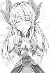 Rule 34 | 1girl, blush, closed mouth, detached sleeves, facing viewer, frills, greyscale, highres, horns, koyuki (kotatsu358), long hair, long sleeves, monochrome, novel illustration, official art, ososugita isekai tensei, own hands clasped, own hands together, parted lips, shishi (ososugita isekai tensei), solo, upper body, very long hair, waiting for kiss