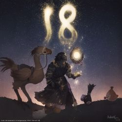 Rule 34 | 1boy, animal ears, artist name, astrologian (final fantasy), black fur, cat, chocobo, copyright notice, countdown, detached sleeves, fang, fat cat (ff14), final fantasy, final fantasy xiv, floating, floating object, furry, furry male, great serpent of ronka, highres, hrothgar, jewelry, lion ears, necklace, night, night sky, official art, paissa, robe, signature, sky, spriggan (final fantasy), star (sky), starry sky, warrior of light (ff14), weapon