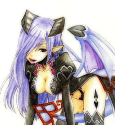 Rule 34 | 1girl, bent over, breasts, cleavage, demon girl, demon tail, demon wings, earrings, heart, horns, jewelry, licking lips, lilim (monster girl encyclopedia), lipstick, long hair, looking at viewer, makeup, medium breasts, monster girl, monster girl encyclopedia, pointy ears, red eyes, silver hair, simple background, solo, tail, tattoo, thighhighs, tongue, tongue out, traditional media, white background, wings, yamamomo mihisana