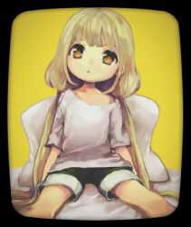 Rule 34 | 1girl, blonde hair, brown eyes, comeco, expressionless, futaba anzu, idolmaster, idolmaster cinderella girls, long hair, looking afar, low twintails, pillow, shirt, shorts, sitting, solo, t-shirt, twintails, very long hair