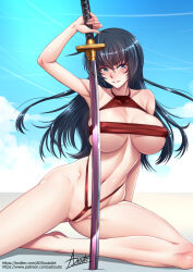 Rule 34 | 1girl, :d, adsouto, beach, black hair, blue sky, breasts, cloud, cloudy sky, collarbone, commentary, english commentary, green eyes, grin, highres, holding, holding sword, holding weapon, igawa asagi, katana, large breasts, long hair, monokini, navel, one-piece swimsuit, open mouth, outdoors, red one-piece swimsuit, signature, sky, smile, solo, stomach, summer, swimsuit, sword, taimanin (series), taimanin asagi, teeth, watermark, weapon, web address