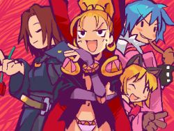 Rule 34 | 4girls, :d, ;d, bikini, blonde hair, blue hair, blush, blush stickers, bridal gauntlets, brown gloves, brown hair, cape, closed eyes, crowdia, earrings, flower, gao (marl kingdom), gao (rhapsody), gloves, high ponytail, jewelry, laughing, long sleeves, looking at viewer, lowres, marjoly, marl kingdom, multiple girls, myao, myao (marl kingdom), navel, nippon ichi, one eye closed, open mouth, panties, pink panties, ponytail, puppet princess (marl kingdom), purple bridal gauntlets, purple gloves, red background, revealing clothes, short hair, simple background, smile, solid oval eyes, standing, swimsuit, underwear, v, wink, witch