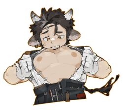 Rule 34 | 1boy, animal ears, arknights, bare pectorals, black pants, brown eyes, brown hair, commentary, cow boy, cow ears, cow horns, gloves, highres, horns, looking at chest, lqqq, male focus, nipples, pants, pectorals, shirt, sweatdrop, symbol-only commentary, wan qing (arknights), white gloves, white shirt