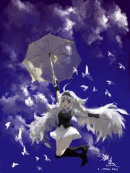 Rule 34 | 1girl, :d, ahoge, arm up, arm warmers, bad drawr id, bad id, bird, black footwear, black hairband, black vest, blue sky, boots, character request, cloud, copyright request, dress, english text, flying, goldregen, hairband, holding, holding umbrella, long hair, looking at viewer, oekaki, open mouth, outstretched arm, painterly, sky, smile, solo, teeth, thighs, umbrella, upper teeth only, vest, white bird, white dress, white hair