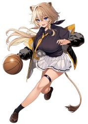 Rule 34 | 1girl, absurdres, animal ears, ball, basketball, basketball (object), black jacket, black shirt, black socks, blue eyes, breasts, brown footwear, brown hair, collared shirt, commentary request, crossed bangs, hair between eyes, highres, jacket, large breasts, loafers, long hair, looking at viewer, miniskirt, necktie, open clothes, open jacket, open mouth, orange necktie, original, pleated skirt, puffy sleeves, shirt, shirt tucked in, shoes, sidelocks, simple background, skirt, socks, solo, tail, takunomi, thigh strap, white background, white skirt