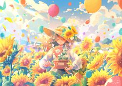 Rule 34 | 1girl, atelier umiyury, balloon, blue sky, brown hair, closed eyes, cloud, cloudy sky, commentary, day, dress, facing viewer, field, flower, flower field, green dress, hat, hat flower, highres, holding, light smile, long hair, long sleeves, original, outdoors, petals, phonograph, plant, signature, sky, solo, sunflower, wind, yellow flower
