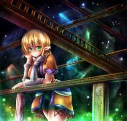 Rule 34 | 1girl, arm support, arm warmers, blonde hair, blush, bridge, cave, glowing, green eyes, light particles, mizuhashi parsee, pointy ears, railing, satoji (ochanomkmskry), scarf, shirt, short sleeves, skirt, solo, touhou