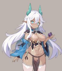 Rule 34 | 1girl, bell, black ribbon, blue eyes, blue horns, blue pupils, blue sleeves, blush, breasts, breasts apart, cleft of venus, closed mouth, commentary request, cowboy shot, dark-skinned female, dark skin, detached sleeves, grey background, hair between eyes, haitenai rpg, highres, holding, holding bell, horns, jingle bell, long bangs, long hair, looking at viewer, medium breasts, navel, nipples, pelvic curtain, pointy ears, pubic tattoo, pussy, revealing clothes, ribbon, simple background, single sidelock, sleeve ribbon, solo, tan, tattoo, thighhighs, tsudero, uncensored, underbust, very long hair, white hair, white thighhighs