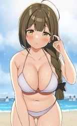 Rule 34 | 1girl, absurdres, ahoge, beach, black bow, blue sky, blunt bangs, blush, bow, braid, braided ponytail, breasts, brown hair, cleavage, cloud, cloudy sky, collarbone, cowboy shot, day, gluteal fold, hair bow, hand up, highres, horizon, idolmaster, idolmaster shiny colors, kuwayama chiyuki, large breasts, leaning forward, long hair, looking at viewer, navel, ocean, outdoors, parted lips, skindentation, sky, solo focus, sparkle, swimsuit, thighs, wanimaru, water, wet