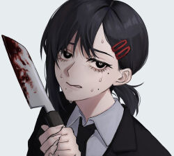 Rule 34 | 1girl, black eyes, black hair, black jacket, black necktie, blood, bloody knife, bright pupils, chainsaw man, collared shirt, commentary request, formal, hair ornament, hairclip, higashiyama kobeni, highres, holding, holding knife, holding weapon, jacket, knife, looking at viewer, medium hair, mole, mole under eye, mole under mouth, multiple moles, necktie, nervous, omoko kzk, parted lips, partial commentary, portrait, shirt, short ponytail, side ponytail, simple background, solo, suit, sweat, nervous sweating, weapon, white background, white pupils, white shirt