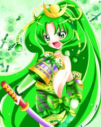 Rule 34 | 10s, 1girl, alternate costume, arm warmers, bad anatomy, bad id, bad pixiv id, bare shoulders, choker, cure march, detached sleeves, fingerless gloves, gloves, green eyes, green hair, green theme, hair ornament, hair ribbon, long hair, magical girl, matching hair/eyes, midorikawa nao, open mouth, ponytail, precure, ribbon, serious, smile precure!, solo, sword, tri tails, very long hair, weapon, yuiyuimoe