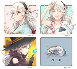 Rule 34 | 3girls, alternate costume, arm up, black gloves, black hairband, closed eyes, closed mouth, corrin (female) (fire emblem), corrin (fire emblem), dragon, earrings, fire emblem, fire emblem fates, fire emblem heroes, flower, from side, gloves, hair flower, hair ornament, hairband, hat, jewelry, lilith (fire emblem), long hair, multiple girls, multiple persona, nintendo, open mouth, petals, pointy ears, red eyes, robaco, white hair, witch hat, wreath