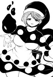 Rule 34 | 1girl, :d, absurdres, blob, blush, book, breasts, cowboy shot, doremy sweet, dress, half-closed eyes, hat, highres, himajin noizu, large breasts, looking at viewer, monochrome, nightcap, open mouth, pom pom (clothes), simple background, smile, solo, swept bangs, tail, tapir tail, touhou