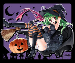 Rule 34 | 1girl, :d, ahoge, armpits, boots, breasts, broom, cape, cleavage, dress, elbow gloves, frilled skirt, frills, gloves, graveyard, green hair, halloween, hat, high heels, jack-o&#039;-lantern, open mouth, panties, pantyshot, patterned legwear, pumpkin, red eyes, shoes, side-tie panties, skirt, smile, solo, strapless, strapless dress, striped clothes, striped thighhighs, thighhighs, two-tone stripes, underwear, witch, yukiwo