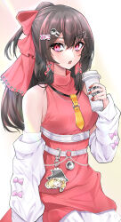 Rule 34 | 1girl, absurdres, bare shoulders, bow, brown hair, character charm, charm (object), cup, detached sleeves, hair between eyes, hair bow, hair ornament, hair tubes, hairclip, hakurei reimu, highres, holding, holding cup, kirisame marisa, long hair, looking at viewer, nontraditional miko, nyarocks, red bow, red eyes, red shirt, shirt, sleeve bow, sleeveless, sleeveless shirt, solo, touhou, white background, yin yang hair ornament, yukkuri shiteitte ne