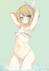 Rule 34 | 1girl, alternate costume, armpits, arms behind back, arms up, bikini, blonde hair, blush, body blush, bow, breasts, closed mouth, collarbone, commentary request, cowboy shot, embarrassed, eyes visible through hair, green background, green bikini, green eyes, hair between eyes, hair bow, highres, looking to the side, medium breasts, mizuhashi parsee, navel, pointy ears, sakuratsuki, short hair, short ponytail, simple background, smile, solo, standing, stomach, striped bikini, striped clothes, swimsuit, touhou, water, wavy mouth, wet, white bikini, white bow