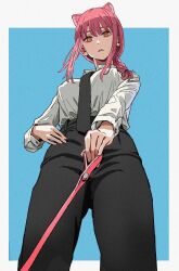 Rule 34 | 1girl, animal ears, aqua background, black necktie, black pants, blush, border, braid, braided ponytail, breasts, buttoned cuffs, buttons, chainsaw man, collared shirt, covered erect nipples, dress shirt, femdom, from below, hair between eyes, highres, holding, holding leash, large breasts, leash, long hair, long sleeves, looking at viewer, looking down, makima (chainsaw man), necktie, outside border, pants, parted lips, photo-referenced, pink hair, red hair, ringed eyes, shiren (ourboy83), shirt, shirt tucked in, sidelocks, simple background, single braid, solo, standing, white border, white shirt, yellow eyes