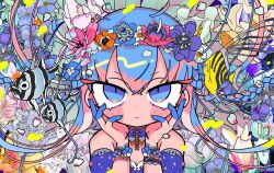 Rule 34 | 1girl, ahoge, animal, bare shoulders, blue dress, blue eyes, blue flower, blue hair, blush stickers, braid, breasts, cleavage, closed mouth, commentary request, dress, expressionless, fish, flower, hair between eyes, hands on own cheeks, hands on own face, head wreath, long hair, looking at viewer, multicolored hair, orange flower, original, petals, pink flower, pink hair, psychedelic, small breasts, solo, straight-on, terada tera, twin braids, two-tone hair, white flower, wrist cuffs