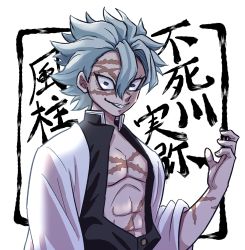Rule 34 | 1boy, abs, absurdres, commentary request, evil grin, evil smile, grin, hair between eyes, highres, kanji, kibao 7, kimetsu no yaiba, looking at viewer, male focus, no eyebrows, purple eyes, scar, scar on face, shinazugawa sanemi, simple background, smile, solo, teeth, white hair