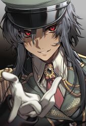 Rule 34 | 1girl, aiguillette, androgynous, artist name, black hair, brooch, collared shirt, commentary request, epaulettes, gloves, gradient background, green hat, green jacket, grin, hair between eyes, hat, highres, jacket, jewelry, long hair, looking at viewer, military, military hat, military uniform, mole, mole under eye, multiple moles, necktie, original, red eyes, red necktie, shirt, sidelocks, smile, solo, tatsuma daisuke, teeth, uniform, white gloves, white shirt