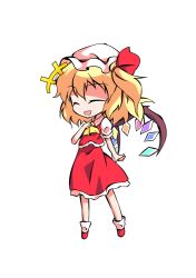 Rule 34 | 1girl, ascot, blonde hair, chibi, clip studio paint (medium), closed eyes, collared dress, crystal, dairi, dress, flandre scarlet, frills, full body, hair between eyes, hair ribbon, hand up, happy, hat, jewelry, mob cap, multicolored wings, one side up, open mouth, puffy short sleeves, puffy sleeves, red dress, red footwear, red ribbon, ribbon, shirt, shoes, short hair, short sleeves, simple background, smile, socks, solo, standing, tachi-e, touhou, transparent background, white background, white hat, white shirt, white socks, wings, yellow ascot