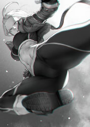 Rule 34 | 1girl, ahoge, black gloves, black pants, black sports bra, breasts, cammy white, commentary request, cropped jacket, fingerless gloves, floating, gloves, groin, highres, huge ahoge, jacket, looking at viewer, medium breasts, midriff, monochrome, mugetsu2501, navel, open clothes, open jacket, pants, parted lips, shoes, short hair, solo, sports bra, street fighter, street fighter 6, yoga pants