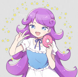 Rule 34 | 1girl, :d, blue eyes, blue ribbon, commentary request, cowboy shot, doughnut, dress, flipped hair, food, grey background, hands up, holding, holding food, kiratto pri chan, long hair, looking at viewer, neck ribbon, open mouth, pretty series, purple hair, ribbon, shido mel, smile, solo, standing, star (symbol), starry background, terayamaden, v, very long hair, white dress